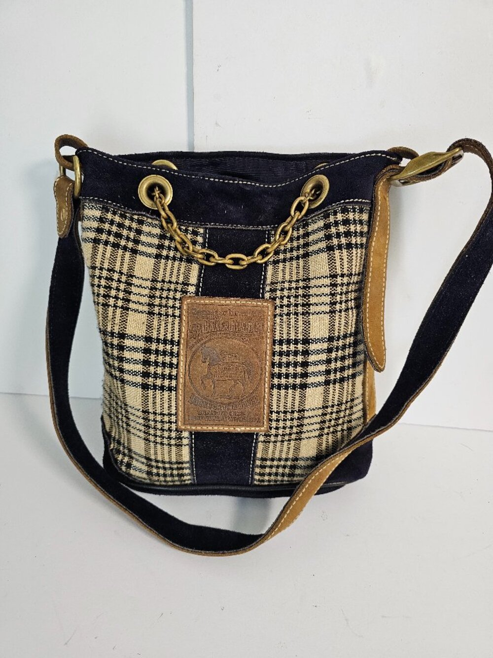 5/A Baker Blanket Bag Plaid Suede Tan Black Shoulder Preppy Equestrian